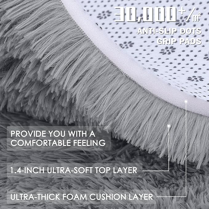 OLANLY 8x8 Machine Washable Large Area Rugs for Living Room, Bedroom, Soft Fluffy Shaggy Bedside Rug, Indoor Floor Carpet for Kids Girls and Boys, Dorms, Nursery, Home Decor Aesthetic, Light Grey