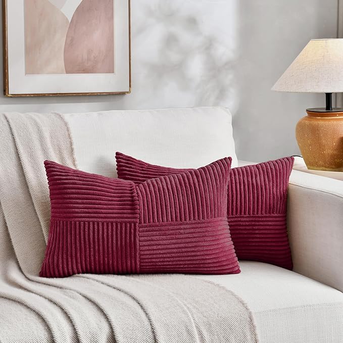 Fancy Homi 2 Packs Burgundy Lumbar Decorative Throw Pillow Covers 14x22 Inch for Living Room Couch Bed, Farmhouse Boho Home Decor, Soft Striped Corduroy Rectangle Accent Cushion Case 35x55 cm