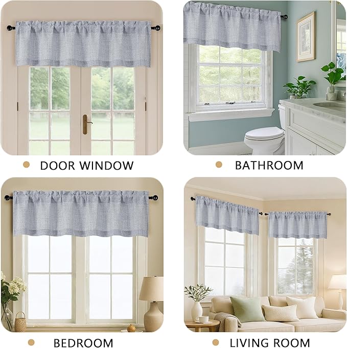 OVZME Grey Valance for Windows, Light Filtering Faux Linen Textured Small Kitchen Valances for Windows, Dual Rod Pocket Farmhouse Short Curtain for Bathroom Basement, 60Wx18L inch, 1 Piece