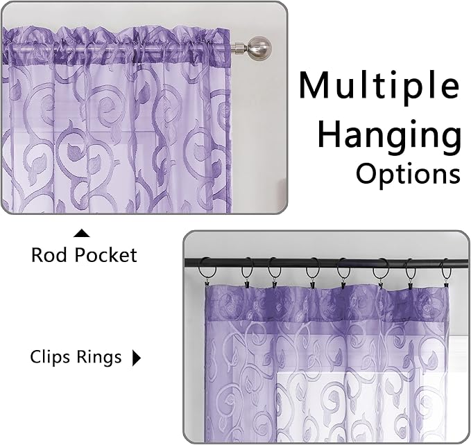 OWENIE Furman Light Purple Sheer Curtains 54 Inch Length 2 Panels Set for Living Room Bedroom, Jacquard Clip Short Curtains for Small Window, Modern Rod Pocket Bathroom Window Curtain 42W inch 54L