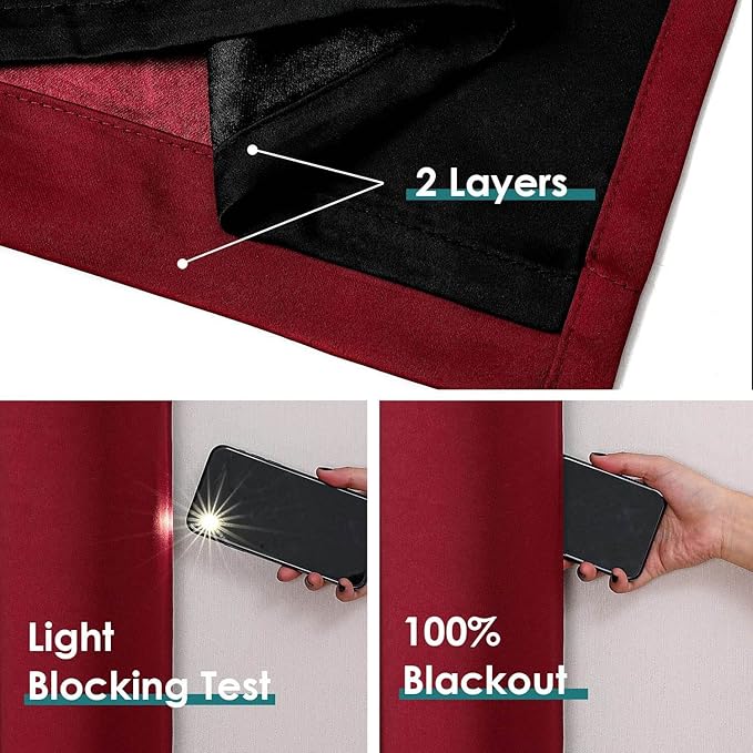 ChrisDowa 100% Blackout Curtains for Bedroom with Black Liner, 2 Thick Layers Total Blackout Thermal Insulated Grommet Window Curtains 2 Panels Set (Burgundy, 52 x 45 Inch)