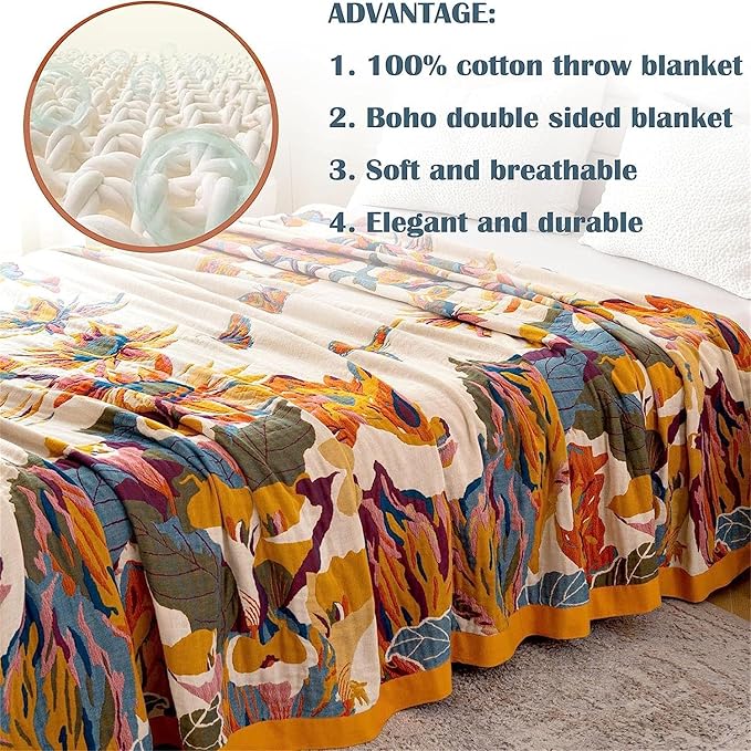 MSGKV 100% Cotton Throw Blanket for Bed Couch Fall 90''x 98'' Super Soft Muslin Blankets Warm Boho Quilt Lightweight Farmhouse Decorative Bed Blankets