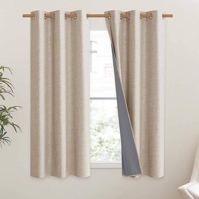 NICETOWN Cream 100% Blackout Linen Curtains 54 inch Long Burg for Dining Room, 1 Pair, 42" Width Each Panel, Farmhouse Thick Completely Blackout Window Treatment Thermal Insulated Drapes