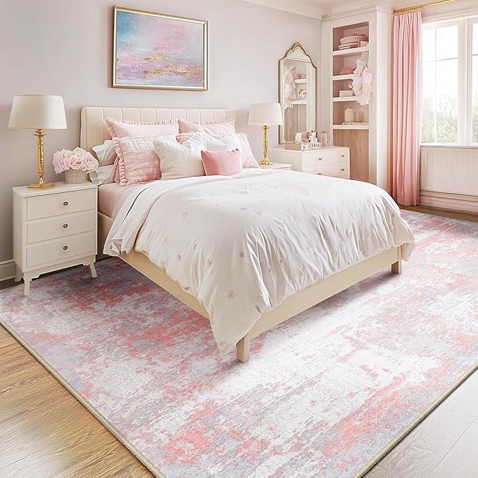 Washable Area Rugs Square 7ft Non-Slip Modern Abstract Soft for Living Room Entryway Bedroom Nursery, Print Pattern, Grey Pink