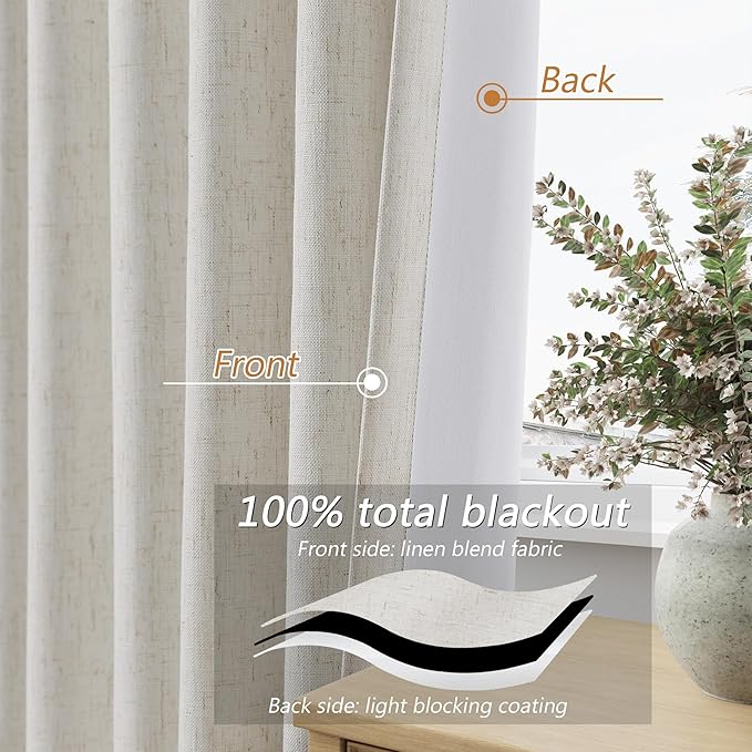 Guken Boho 100% Blackout Curtains 108 Inch Long for Living Room Bedroom Back Tab Thermal Insulated Noise Reducing Black Out Linen Drapes Room Darkening Window Curtain 2 Panels Set, 9 FT