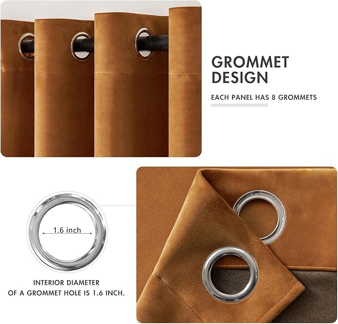 MIULEE Velvet Curtains Gold Brown Elegant Long Grommet Curtains Black Out Thermal Insulated Soundproof Room Darkening Drapes for Fall Living Room Bedroom 52 x 96 Inch Length Set of 2, Pumpkin Brown