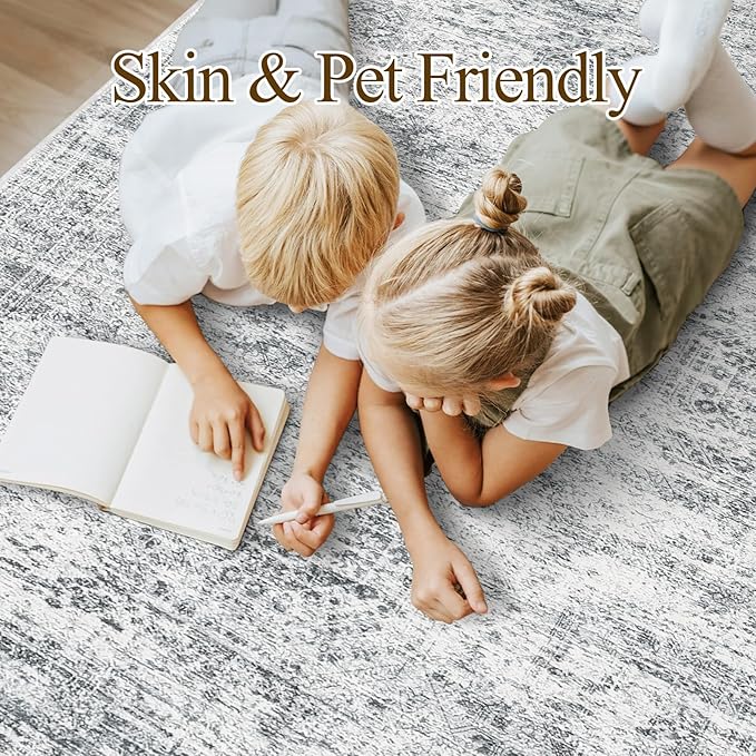 Area Rug 10x12 Vintage Washable Living Room Large Gray Carpet Non Slip Bedroom Indoor Office Dining Room Low Pile Thin Rug Grey
