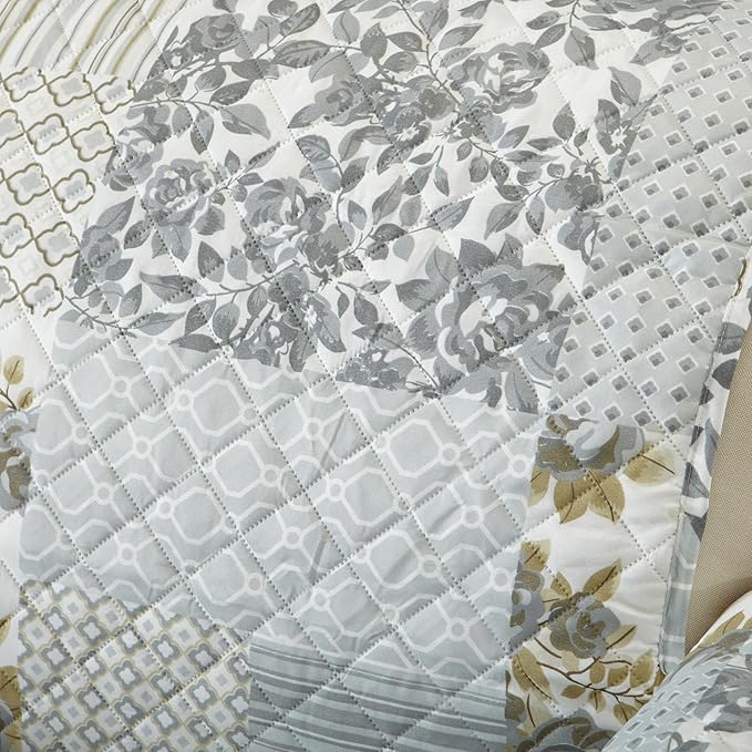 Great Bay Home Reversible Patchwork Loveseat Cover - Washable Slipcover Furniture Protector with Elastic Straps - Perfect for Kids & Pets - Box-Stitched Detail (Grey)