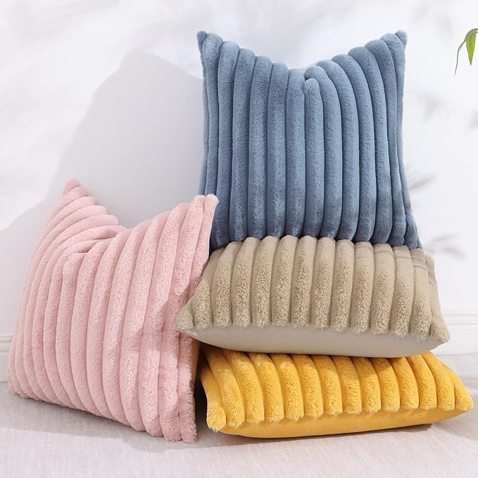 decorUhome Cozy Faux Fur Throw Pillow Covers 24x24 Set of 2 Decorative Soft Plush Striped Modern Farmhouse Boho Couch Euro Sham Pillow Cases with Velvet Back for Sofa Bed Living Room, Grey Blue