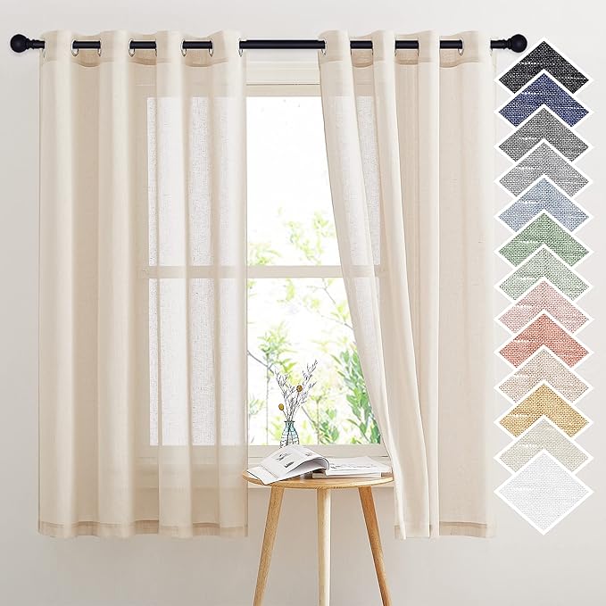 NICETOWN Natural Open Linen Weave Flax Sheer Window Curtains, Ring Top Semi Sheer Textured Drapes Privacy with Light Through for Bedroom/Kids Room, Beige, 52" Wide by 63" Long, 2 Pieces