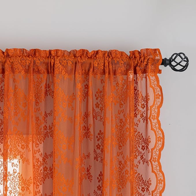 YJ YANJUN Vintage Lace Curtains 84 Inches Long-Rustic Floral Bohemian Burnt Orange Sheer Curtain Panels for Living Room Bedroom Kitchen,Light Filtering, Boho Autumn Fall Decor 2 Panels 52W x 84L