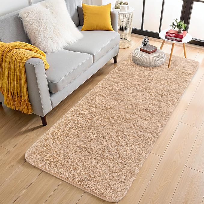 OLANLY 3x10 Machine Washable Runner Rugs for Hallway, Soft Fluffy Shaggy Bedside Rugs for Bedroom, Living Room, Indoor Floor Carpet for Kids Girls and Boys, Nursery Rooms, Home Decor Aesthetic, Beige