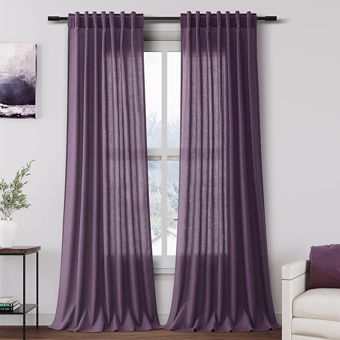 Plum Linen Curtains 102 Inches Long Rod Pocket Back Tab Drapes 2 Panels Set for Living Room Sheer Light Filtering Semi Sheer Plum Curtain 102 Length for Patio Sliding Glass Door 52x102