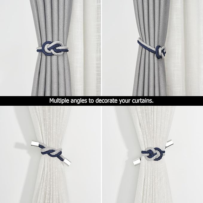 NICEEC 4 Pack Mini Magnetic Curtain Tiebacks Nordic Simple Style Drape Tie Backs Elegant Hand Weave Rope Knot Decorative Curtain Holdbacks for Home & Office Thin Window Drapery (Dark Blue & Grey)