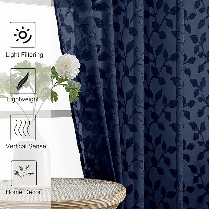 Chyhomenyc Navy Blue Sheer Curtains 63 Inch Length 2 Panels Set, Light Filtering Tufted Textured Soft Airy Rod Pocket Beautiful Leaf Window Treatment Drapes for Bedroom Living Room, 42" Wx63 L, 2PCS