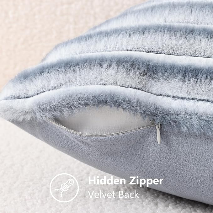 decorUhome Cozy Faux Fur Throw Pillow Covers 20x20 Set of 2 Decorative Soft Plush Striped Modern Farmhouse Boho Couch Pillow Cases with Velvet Back for Sofa Bed Living Room, Grey White