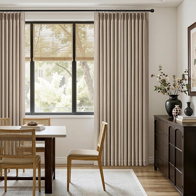 MIULEE Pinch Pleated Thick Linen Curtains 96 Inches Long 2 Panels for Living Room Bedroom, Memory Trained Pleat Drapes Light Filtering Grey Beige Semi Sheer Window Curtains Hooks Rings Back Tab