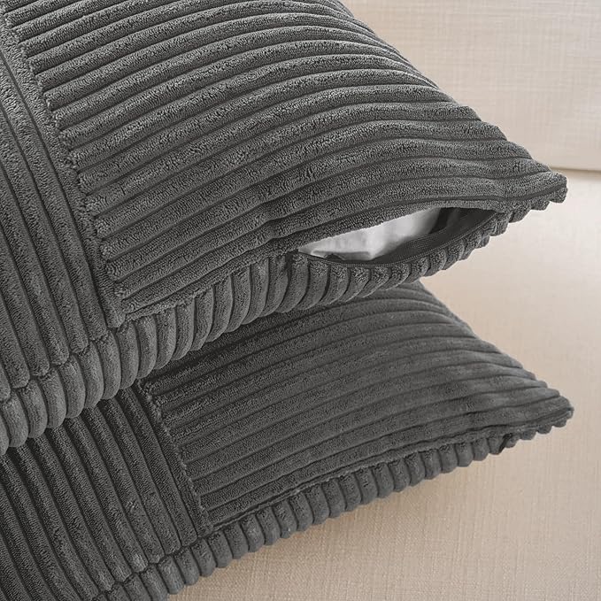 Fancy Homi 2 Packs Dark Gray Lumbar Decorative Throw Pillow Covers 12x20 Inch for Living Room Couch Bed Sofa, Farmhouse Home Decor, Soft Striped Corduroy Rectangle Accent Cushion Case 30x50 cm