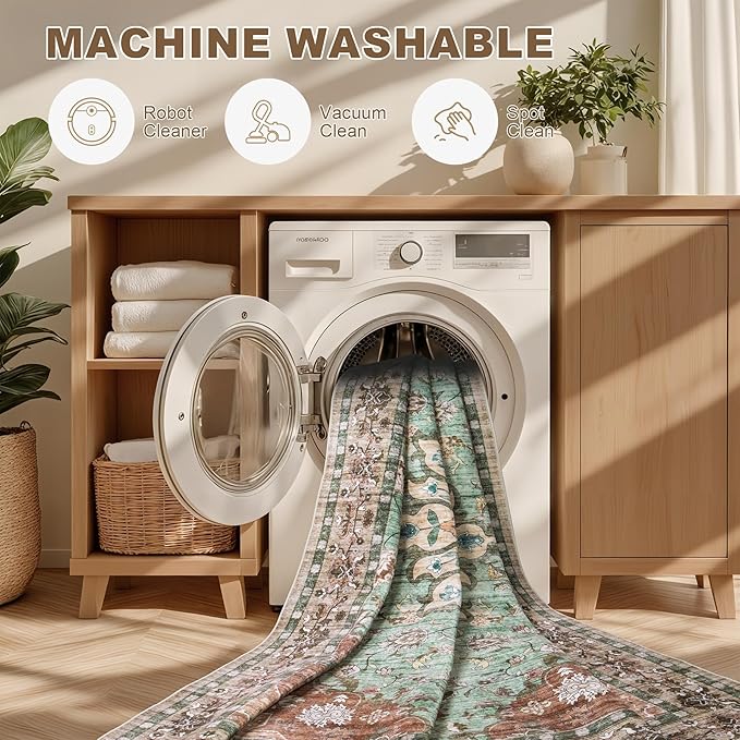 8x10 Area Rugs for Living Room: Washable Rug Soft Vintage Distressed Floral Carpet Indoor Floor Non-Slip Stain Resistant Large Carpets for Bedroom Dining Room Farmhouse Nursery Home Office Brown Green