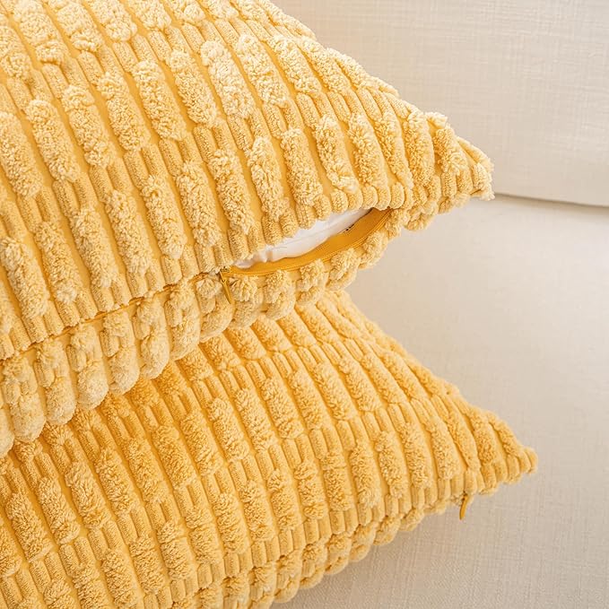 Fancy Homi Set of 4 Spring Boho Decorative Throw Pillow Covers 24x24 Inch for Couch Bed Sofa, Sage Green Yellow Room Decor, Soft Fuzzy Fluffy Cozy Corduroy Textured Cushion Case 60x60cm