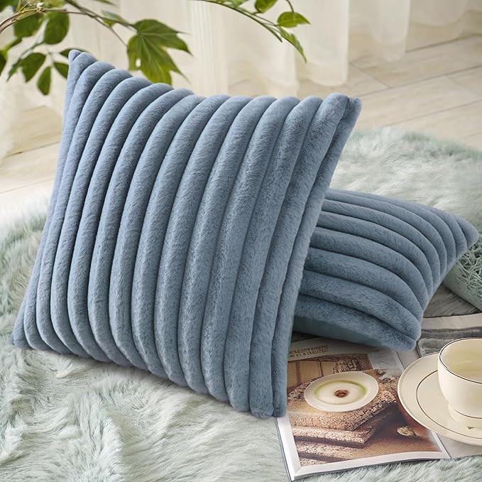 decorUhome Cozy Faux Fur Throw Pillow Covers 24x24 Set of 2 Decorative Soft Plush Striped Modern Farmhouse Boho Couch Euro Sham Pillow Cases with Velvet Back for Sofa Bed Living Room, Grey Blue