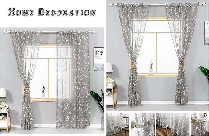 AmHoo 2 Panels Embroidered Leaf Pattern Semi Sheer Curtains Foliage Floral Voile Window Draperies Treatment for Bedroom Living Room Rod Pocket Light Gray 53 x 63 Inch