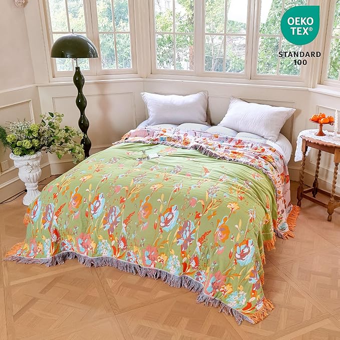 MSGKV Boho Throw Blanket 90"x108" Floral 100% Cotton Blanket with Flower and Butterfly for Bed Spring Breathable Lightweight Farmhouse King Blankets Home Decor Muslin