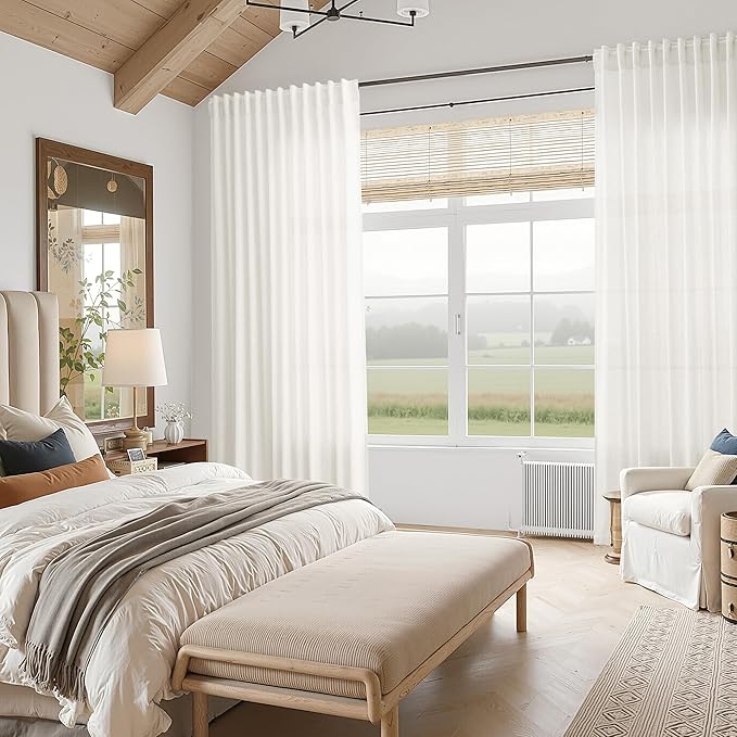 Nanspring Neutral Linen Curtains 120 Inches Long for Living Room Linen Sheer Curtain Back Tab Coastal Modern Farmhouse Floor to Ceiling Drapes for Bedroom Office High Window 52x120, 2 Panels
