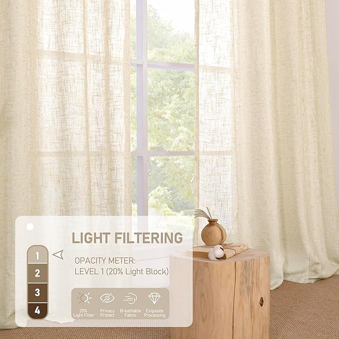 LAMIT Beige Short Linen Curtains 54 Inch Length 2 Panel Set, Semi Sheer Bronze Grommet Window Drapes Light Filtering Neutral Boho Panels for Bedroom/Kitchen/Windows, 34 x 54 Inch