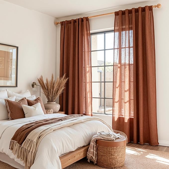 MYSKY HOME Extra Long Curtains for Living Room 96 Inches Light Filtering Semi Sheer Sliding Door Curtains Bedroom Window Drapes Privacy Back Tab Farmhouse Boho Modern, Terracotta, 50" x 96", 2 Panels