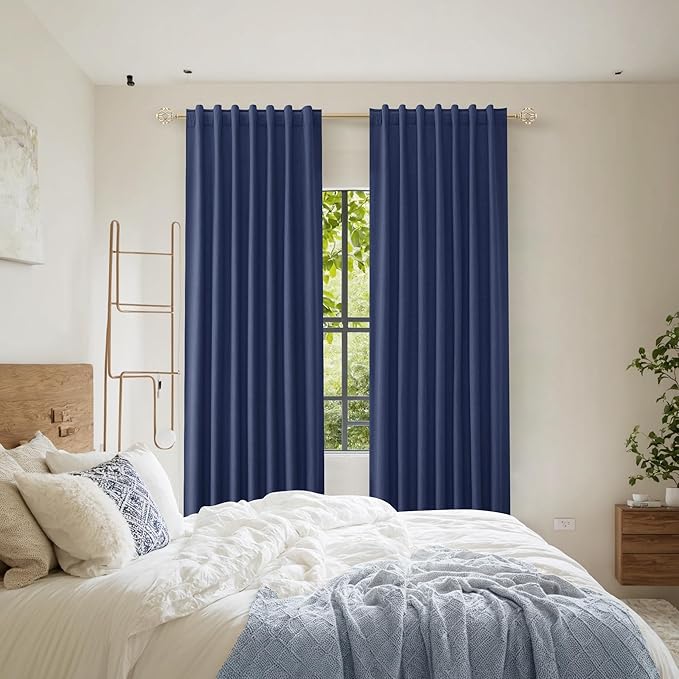 Guken 100% Blackout Curtains 72 Inch Length 2 Panels Set for Living Room Bedroom Back Tab Thermal Insulated Black Out Linen Drapes Room Darkening Window Curtains 72 Inches Long,Classic Blue