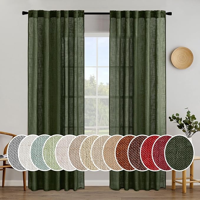 MIULEE Olive Green Linen Curtains 84 Inch Length 2 Panels for Bedroom Living Room, Soft Thick Linen Textured Natural Window Drapes Semi Sheer Light Filtering Back Tab Rod Pocket Burlap Look Decor