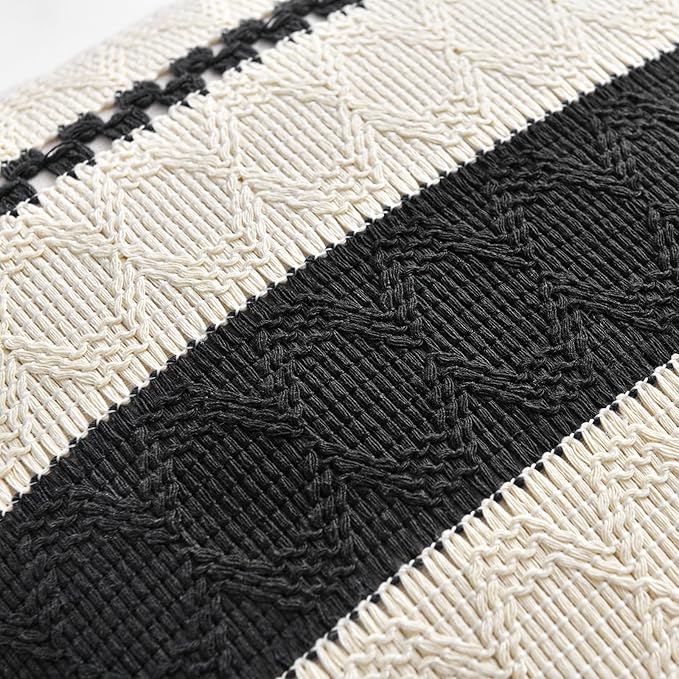 Fancy Homi Set of 1 Boho Black Lumbar Decorative Throw Pillow Cover 12x20 Inch for Couch Bed Sofa Chair, Modern Organic Farmhouse Home Decor, Soft Cotton Cute Accent Rectangle Cushion Case