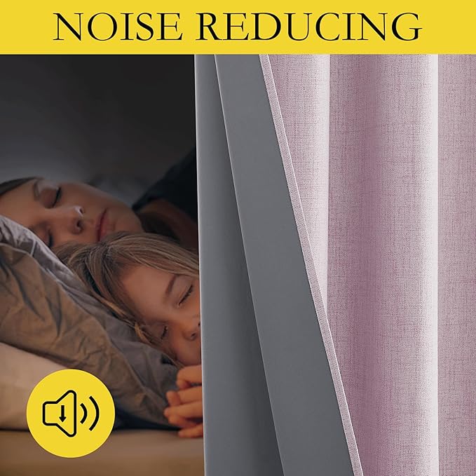 NICETOWN Pink Vintage Linen 100% Blackout Curtains for Kitchen, Thermal Insulated Curtains 63" Long, Noise Reducing Window Treatment Drapes for Dorm Room, 62" Wide Per Panel, Set of 2