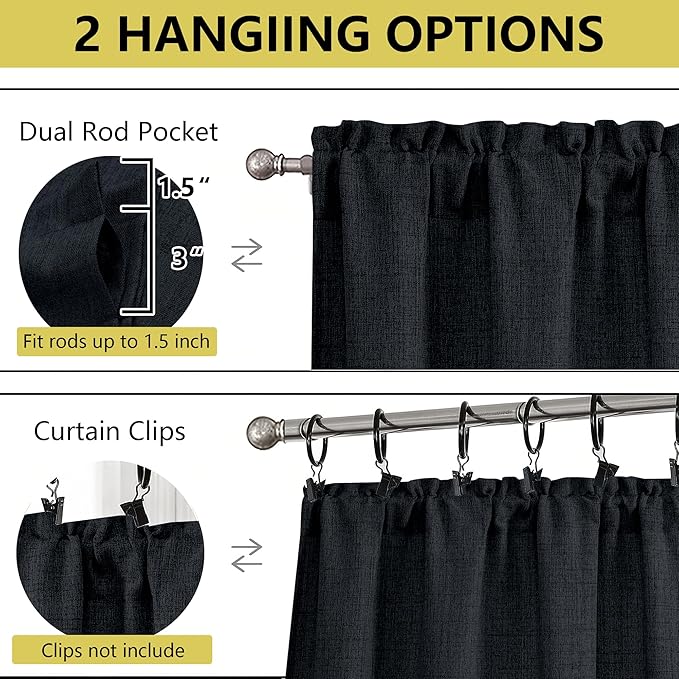 Valances for Windows, Light Filtering Faux Linen Textured Small Short Valance Curtains for Bathroom Basement Farmhouse, Rod Pocket Top Half Curtains for Windows, Black 52Wx12L Inch