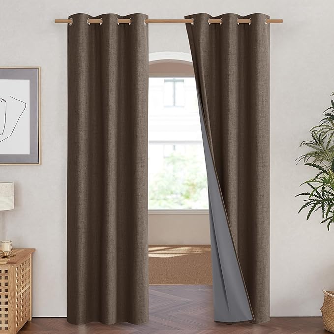 NICETOWN Coffee Vintage Linen 100% Blackout Curtains for Living Room, Thermal Insulated Curtains 90" Long, Noise Reducing Window Treatment Drapes for Hall Room, 42" Wide Per Panel, Set of 2