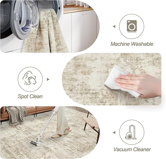 Abstract Rug 8x10 Large Living Room Rugs Neutral Modern Washable Area Rugs for Bedroom Dining Room Non-Slip Stain Resistant Foldable Thin Rug Beige Gray