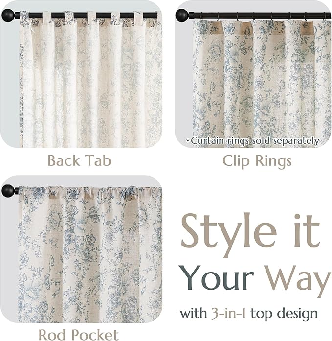 jinchan Linen Blend Curtain Floral Curtains for Living Room 84 Inch Length Blue Printed Curtain Rod Pocket Back Tab Farmhouse Peony Flower Patterned Drapes Bedroom Window Curtains Set 2 Panels