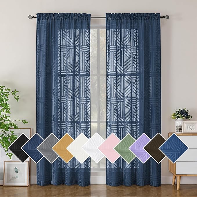 Simplebrand Navy Blue Semi Sheer Curtains 84 Inches Long 2 Panels, Light Filtering Geometric Jacquard Clip Textured Sheer Curtains for Bedroom，Modern Elegant Window Curtains Drapes，42x84 inch
