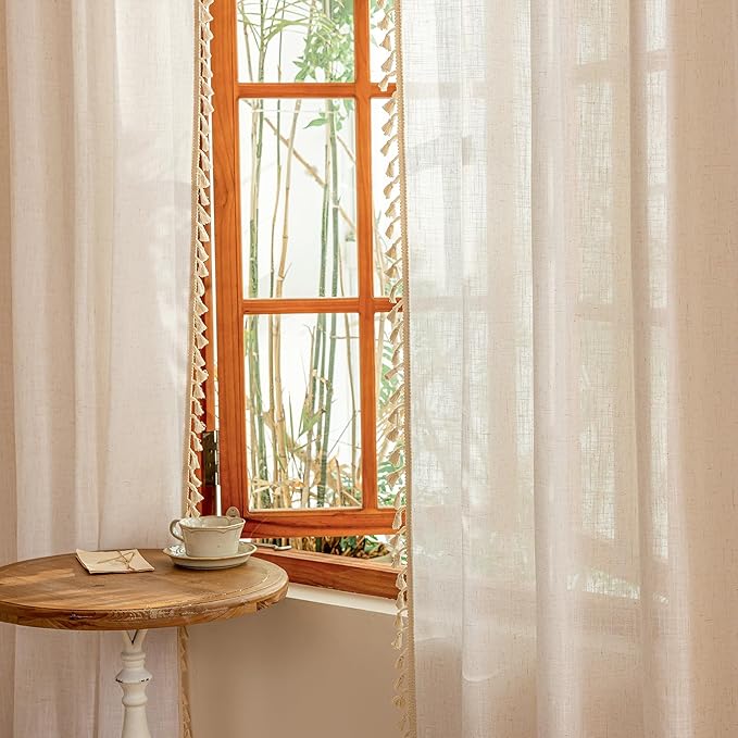 MYSKY HOME Boho Cream Curtains with Macrame 72 Inch Length, Semi Sheer Drapes for Living Room Privacy Protect Rustic Farmhouse Style Back Tab for Doorways, 50" x 72", Natural，2 Panels
