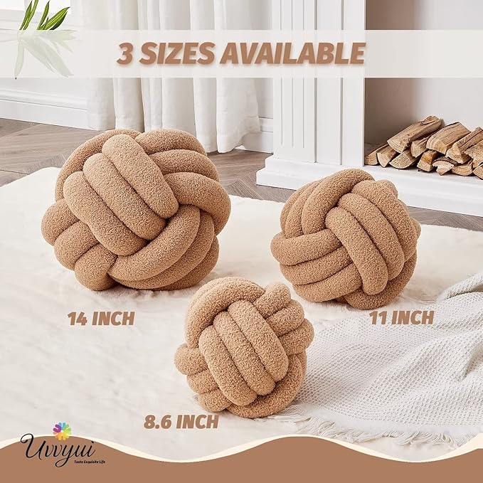Uvvyui Knot Pillow Ball, Soft Home Decorative Pillows, Round Throw Pillow, Handmade Knotted Plush Pillow, Round Boucle Pillow Cushion (14 Inches Khaki)