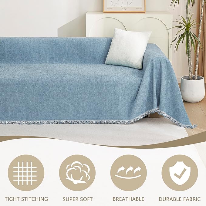MYSKY HOME Couch Cover Sofa Covers, Sectional Couch Covers for 2-3 Cushion Couch Sofa, Chenille Sofa Slipcovers, Futon Covers, Machine Washable, Soft Furniture Protector for Kid, 71" x 134", Blue