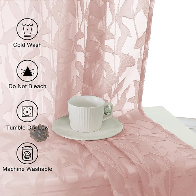 Lecloud Leia Blush Pink Sheer Curtains 90 Inches Long 2 Panels, Airy Leaf Textured Jacquard Drapes, Light Filtering & Privacy Dual Rod Pocket Window Curtains for Living Room Bedroom, 52" W x 90" L