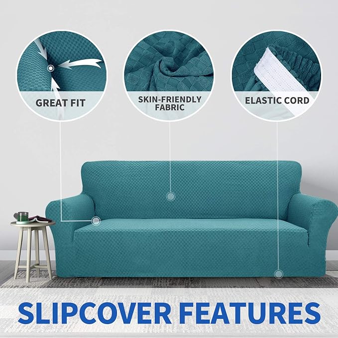 ZNSAYOTX 1 Piece Jacquard Couch Covers for 3 Cushion Couch Living Room High Stretch Sofa Cover Pets Dogs Friendly Anti Slip Thickened Slipcovers Furniture Protector (Sofa, Peacock Blue)