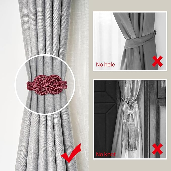 NICEEC 2 Pack Mini Magnetic Curtain Tiebacks Nordic Simple Style Drape Tie Backs Elegant Hand Weave Rope Knot Decorative Curtain Holdbacks for Home & Office Thin Window Drapery (Wine Red)