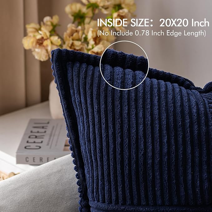 MIULEE Decorative Throw Pillow Covers for Couch Bed Livingroom 20x20 Inch Set of 2 Navy Blue Boho Accent Throw Pllows Broadside Striped Patchwork Soft Corduroy Summer Coastal Pillowcases