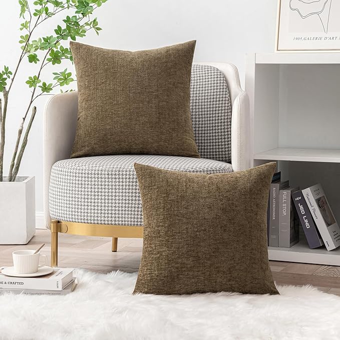 MIULEE Pack of 2 Coffee Throw Pillow Covers 18x18 Inch Soft Chenille Pillow Covers for Sofa Living Room Couch Solid Dyed Cases