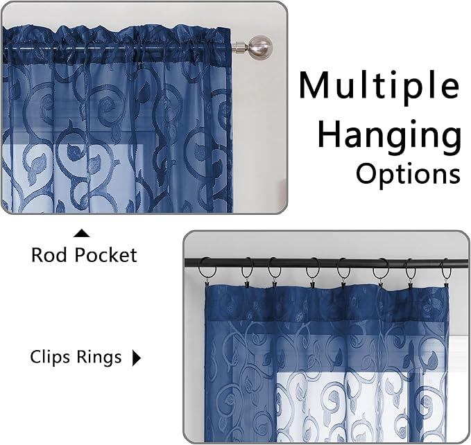 OWENIE Furman Sheer Curtains 72 inches Long 2 Panels Set, Light Filtering Top Rod Pocket Semi Sheer Door Curtains, Geometric Jacquard Clip Design for Bedroom Living Room, Blue 40Wx72L inch