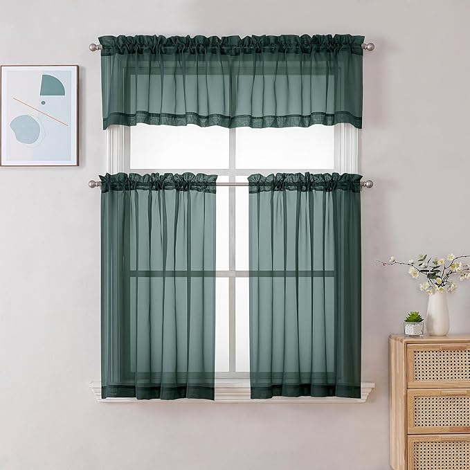 Gwine Hunter Green Sheer Curtains 30 Inch Length, Short Light Filtering Voile Small Cafe Kitchen Curtains with Rod Pocket, Short Curtain for Bathroom Window, 42x30 Inch, 2PCS