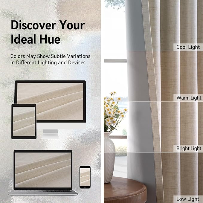 100% Blackout Shield Linen Blackout Curtains for Bedroom, Oatmeal Grommet Curtains for Living Room, Thermal Insulated Room Darkening Drapes for Nursery, Boho Home Decor, 50" W x 72" L, 2 Panels